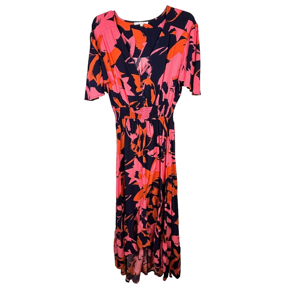 Abel the Label Anthropologie Floral Print Maxi Dress Coral Navy Tropics Ruffle S